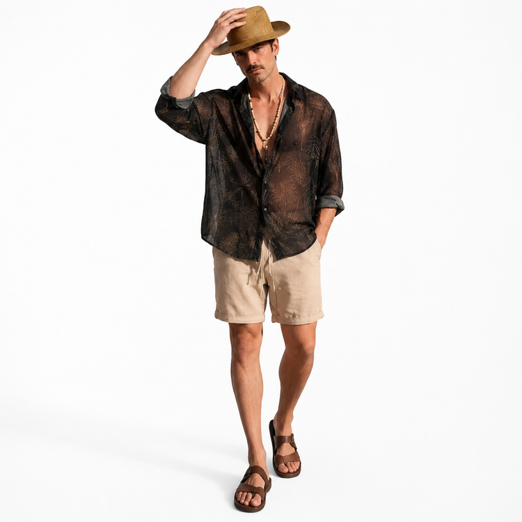 Men’s Oversized Sheer Shirt in Dark Botanical Print