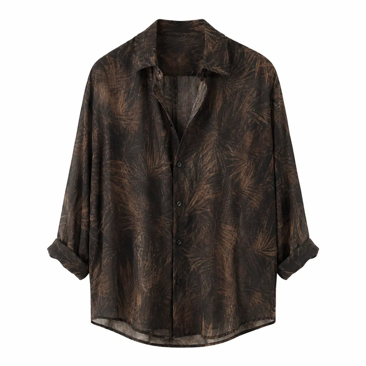 Dark botanical print sheer shirt for men, vacation style shown from the front with rolled-up sleeves