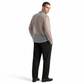 Man wearing a sheer checkered shirt over a black outfit on a white background