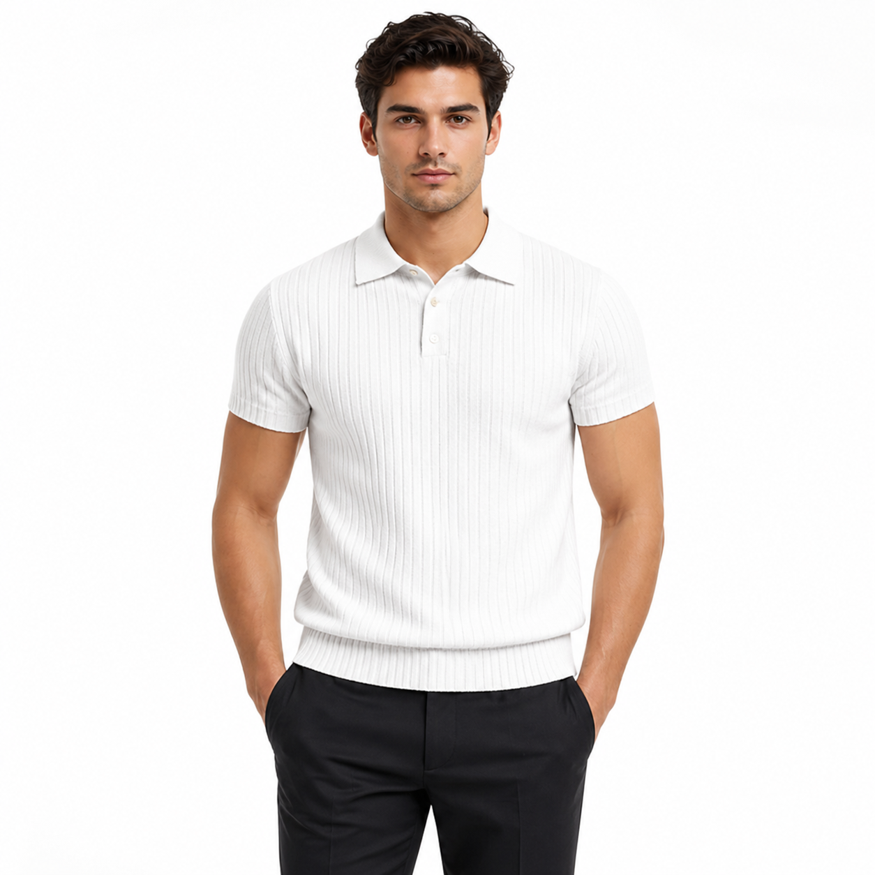 Man wearing a white short-sleeve polo shirt and black pants on a white background