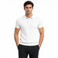 Man wearing a white short-sleeve polo shirt and black pants on a white background