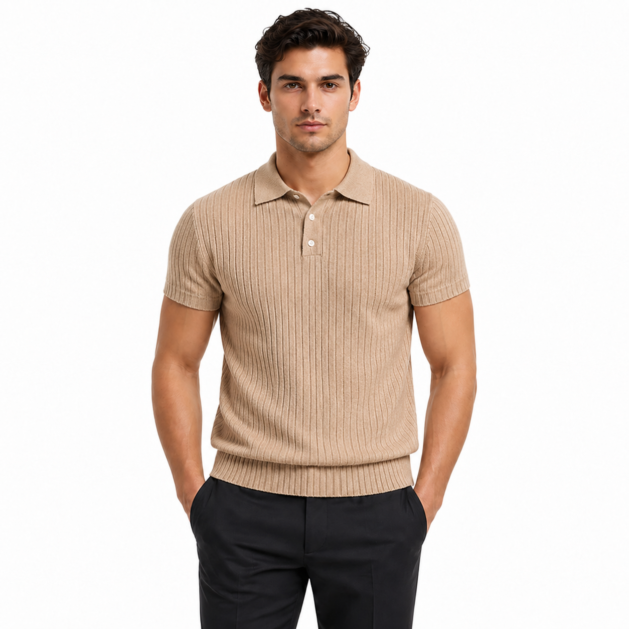 Man wearing a beige ribbed short-sleeve sweater on a white background