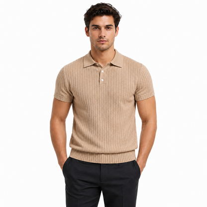Man wearing a beige ribbed short-sleeve sweater on a white background
