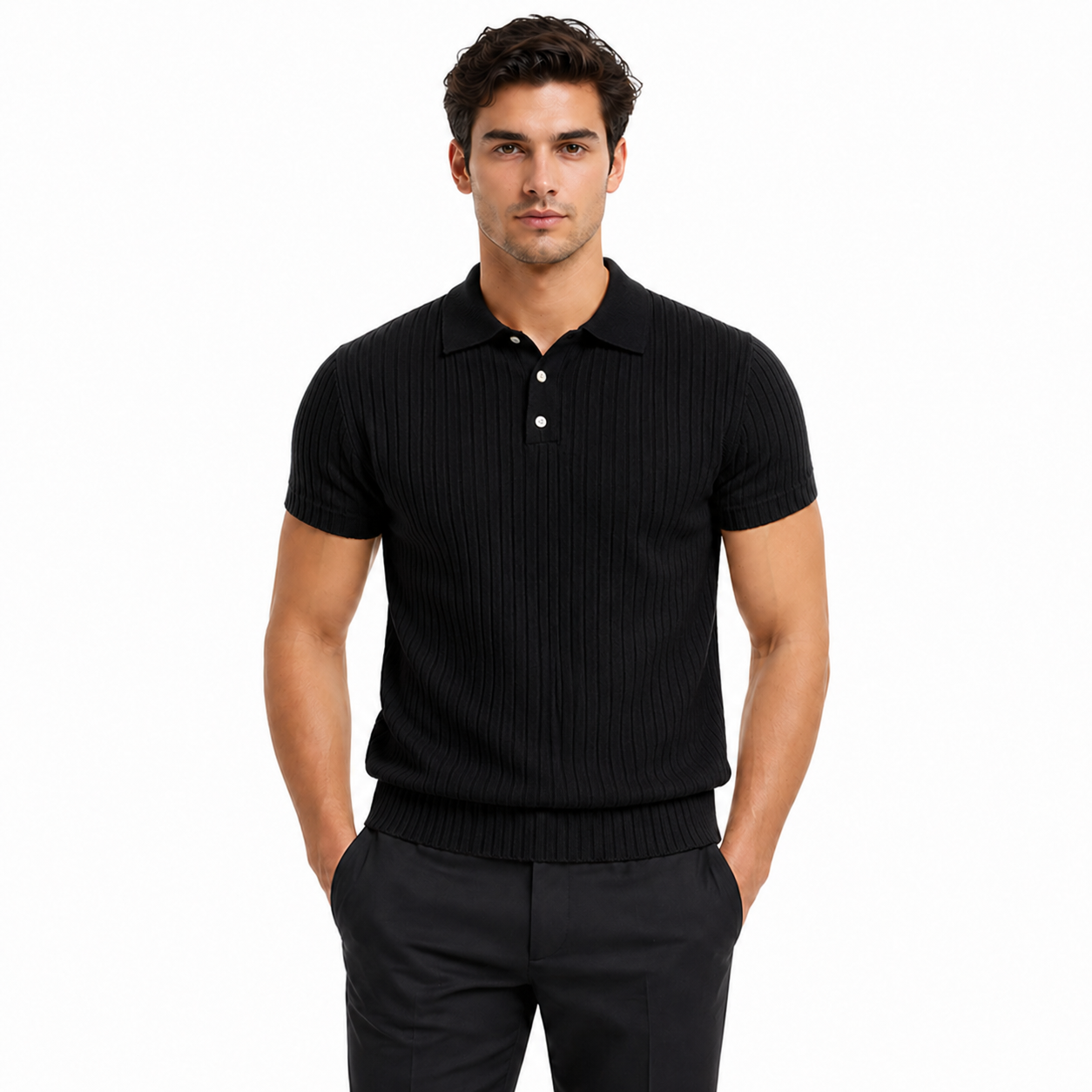 Man wearing a black ribbed polo shirt and pants on a white background