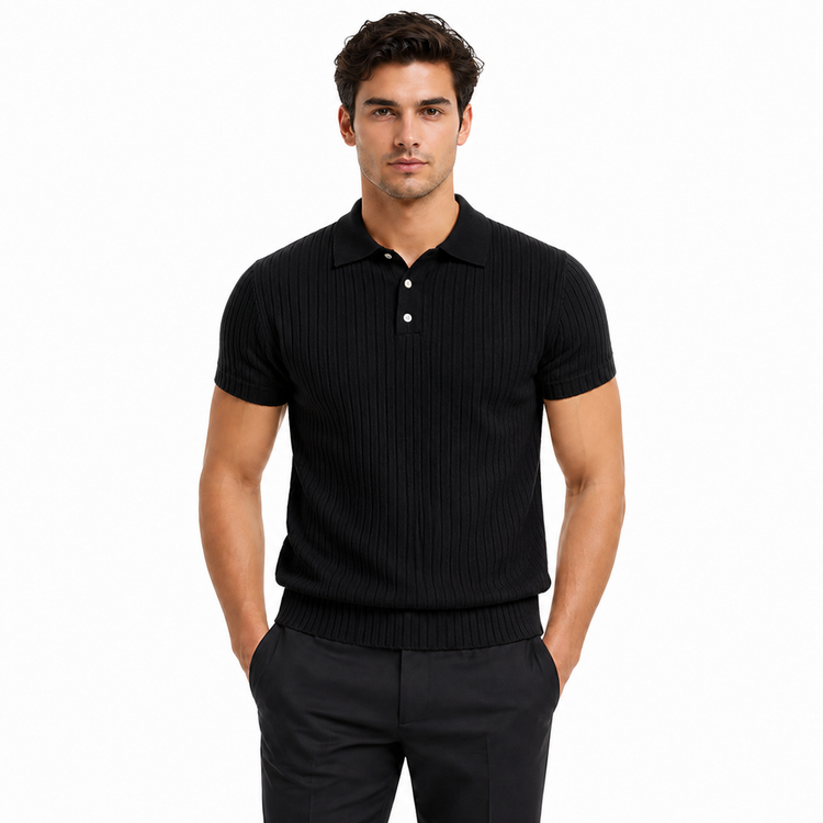 Man wearing a black ribbed polo shirt and pants on a white background