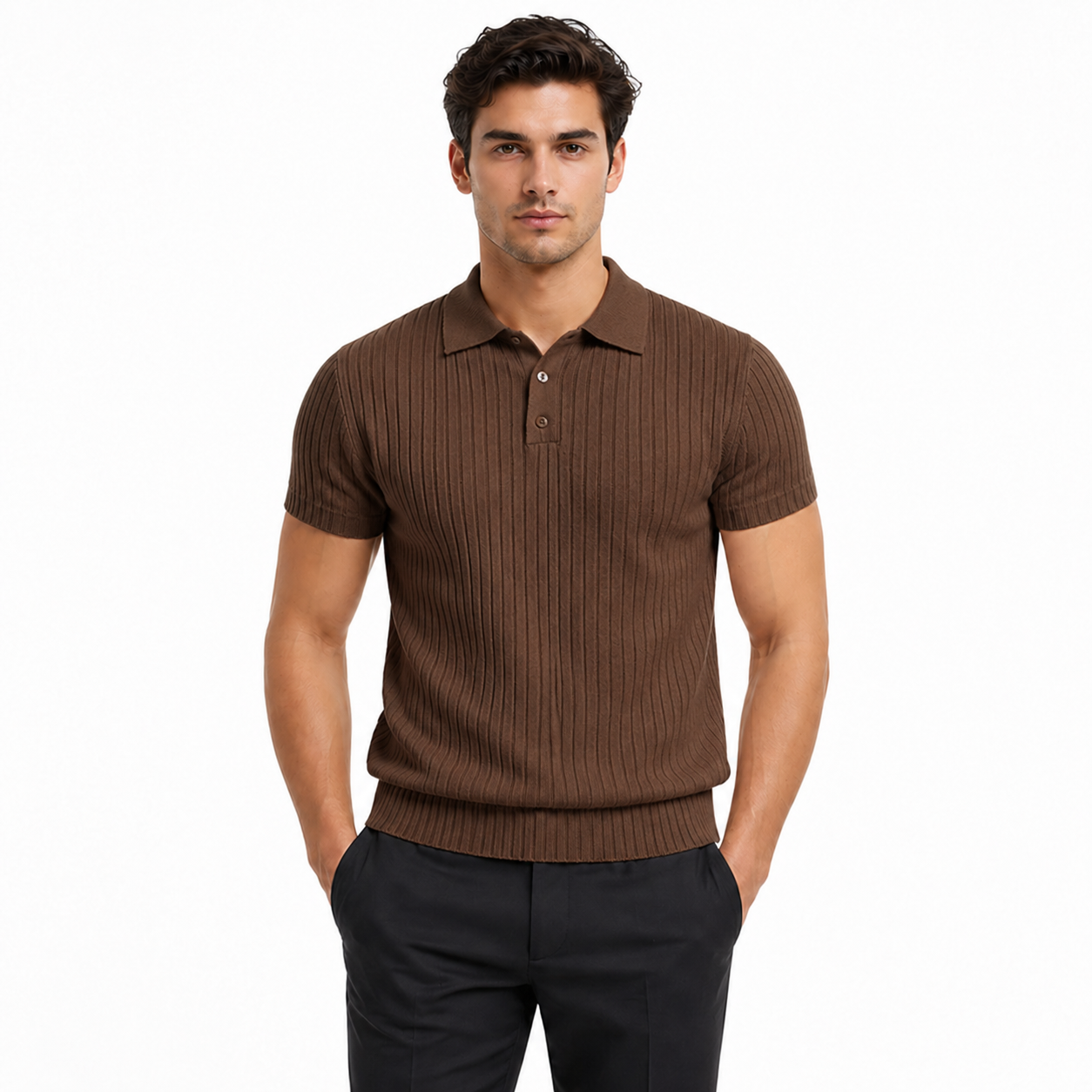 Man wearing a brown ribbed polo shirt and black pants on a white background