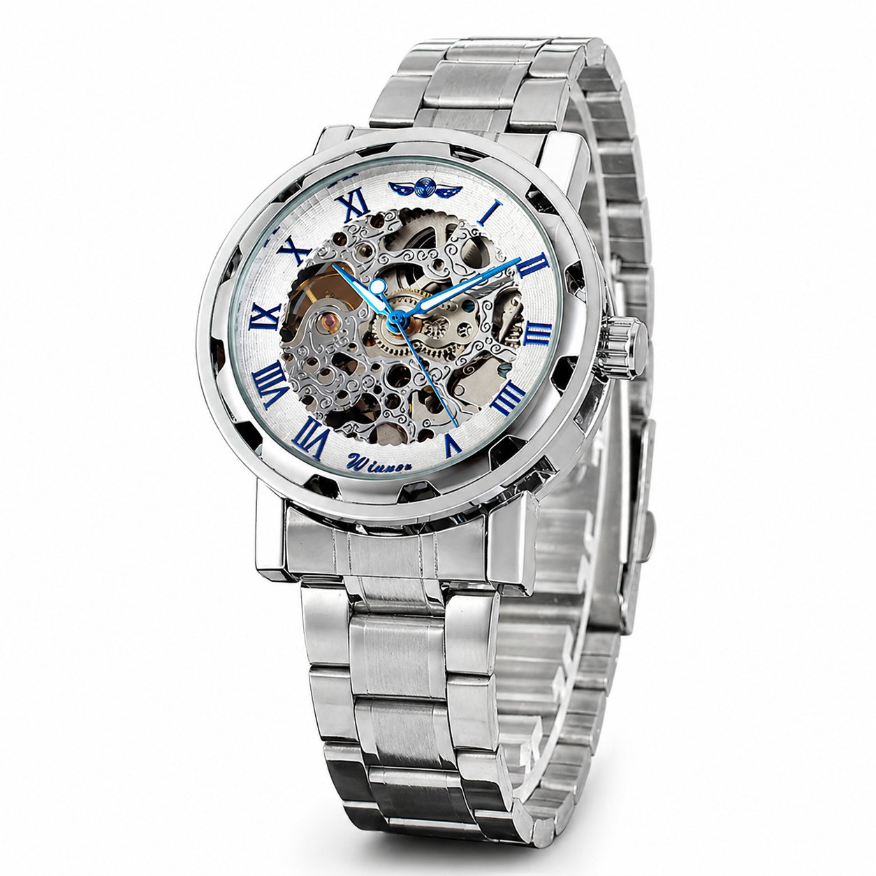 Silver wristwatch with mechanical components on a white background