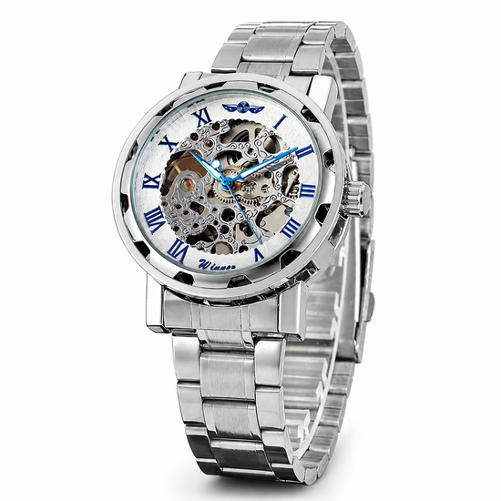 Silver wristwatch with mechanical components on a white background
