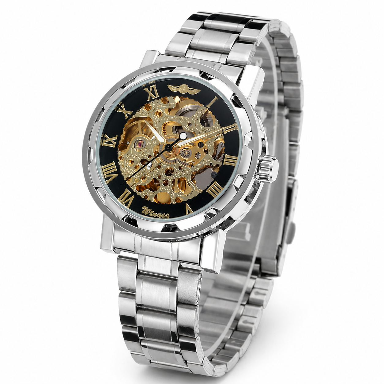 Silver watch with a black face and gold details on a white background
