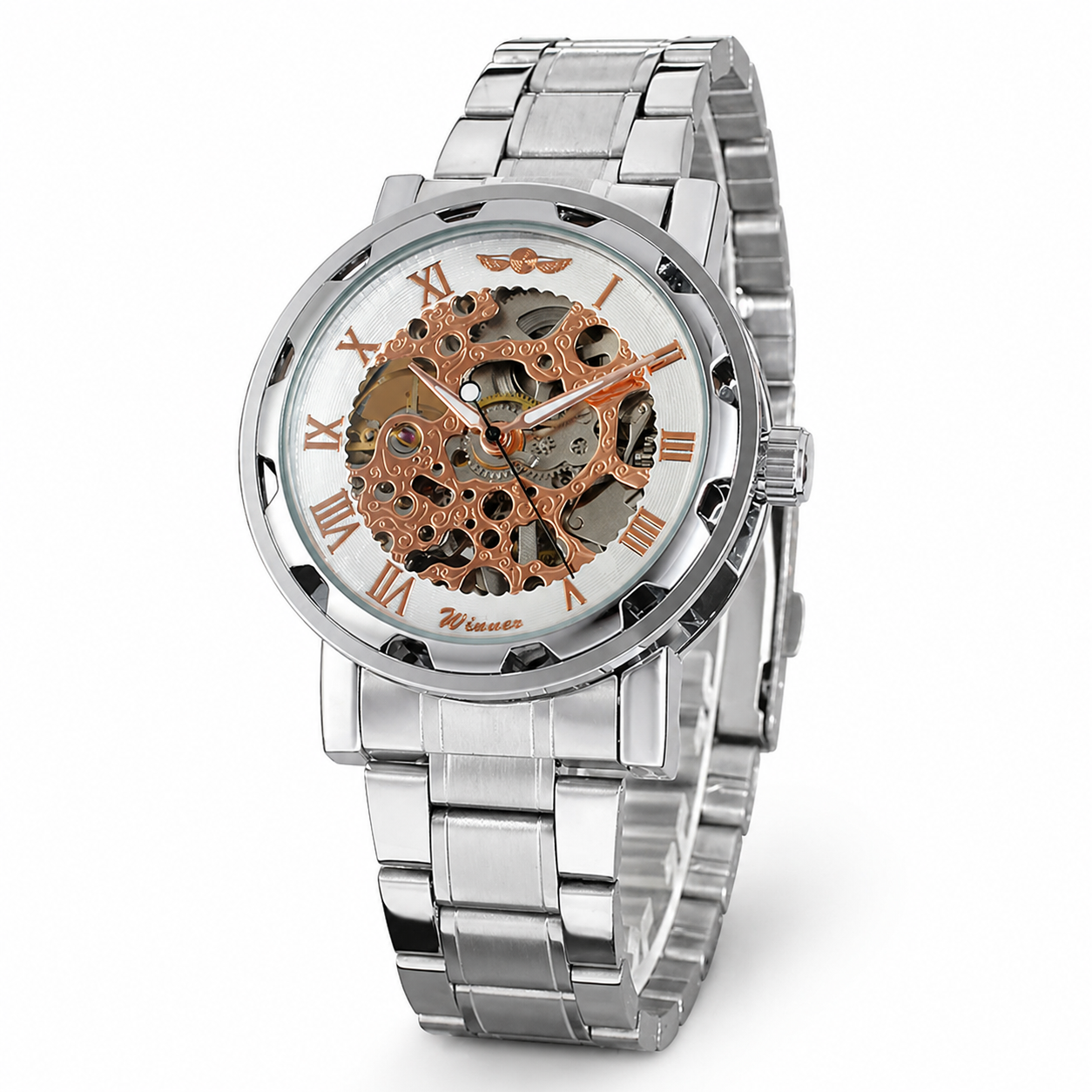 Silver watch with a detailed mechanical face on a white background