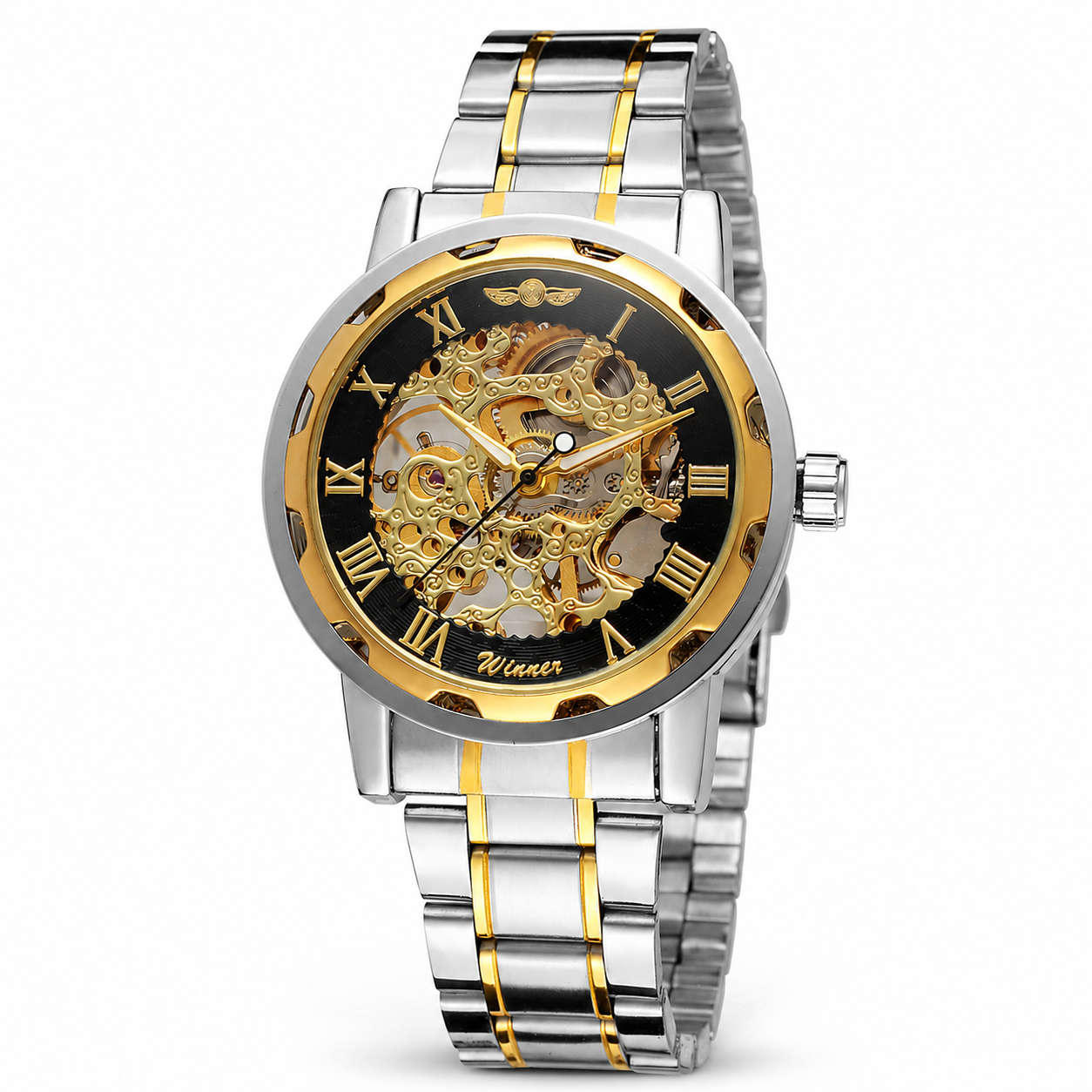 Luxury watch with silver and gold band on a white background