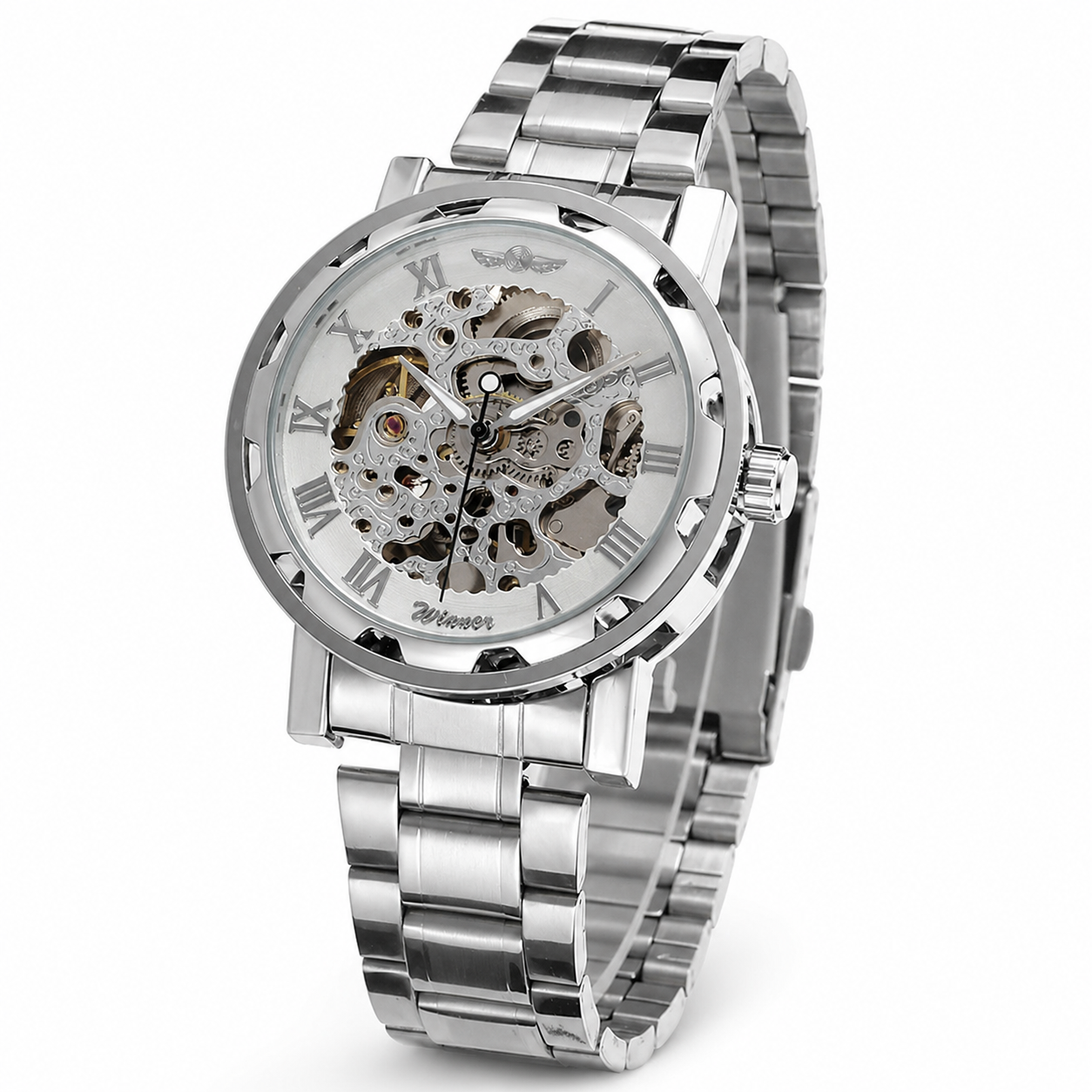 Silver wristwatch with mechanical components on a white background