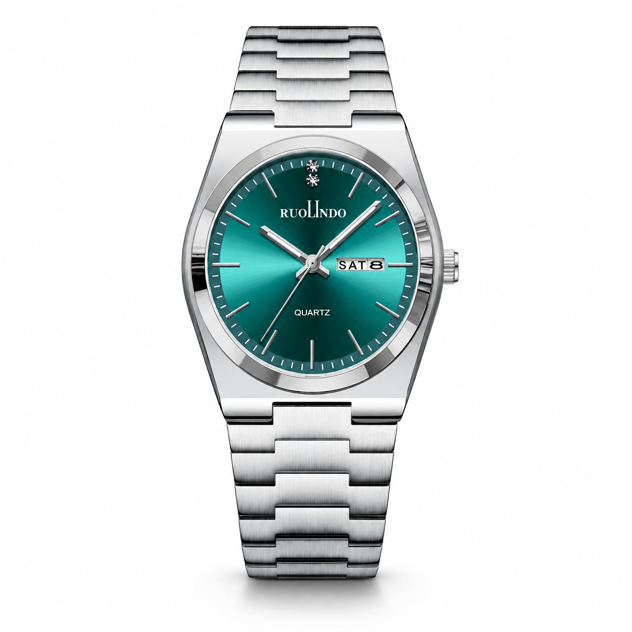 Silver watch with a teal face on a white background