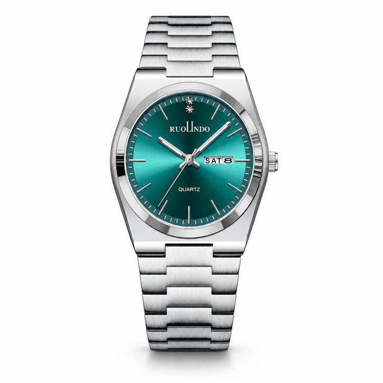Silver watch with a teal face on a white background