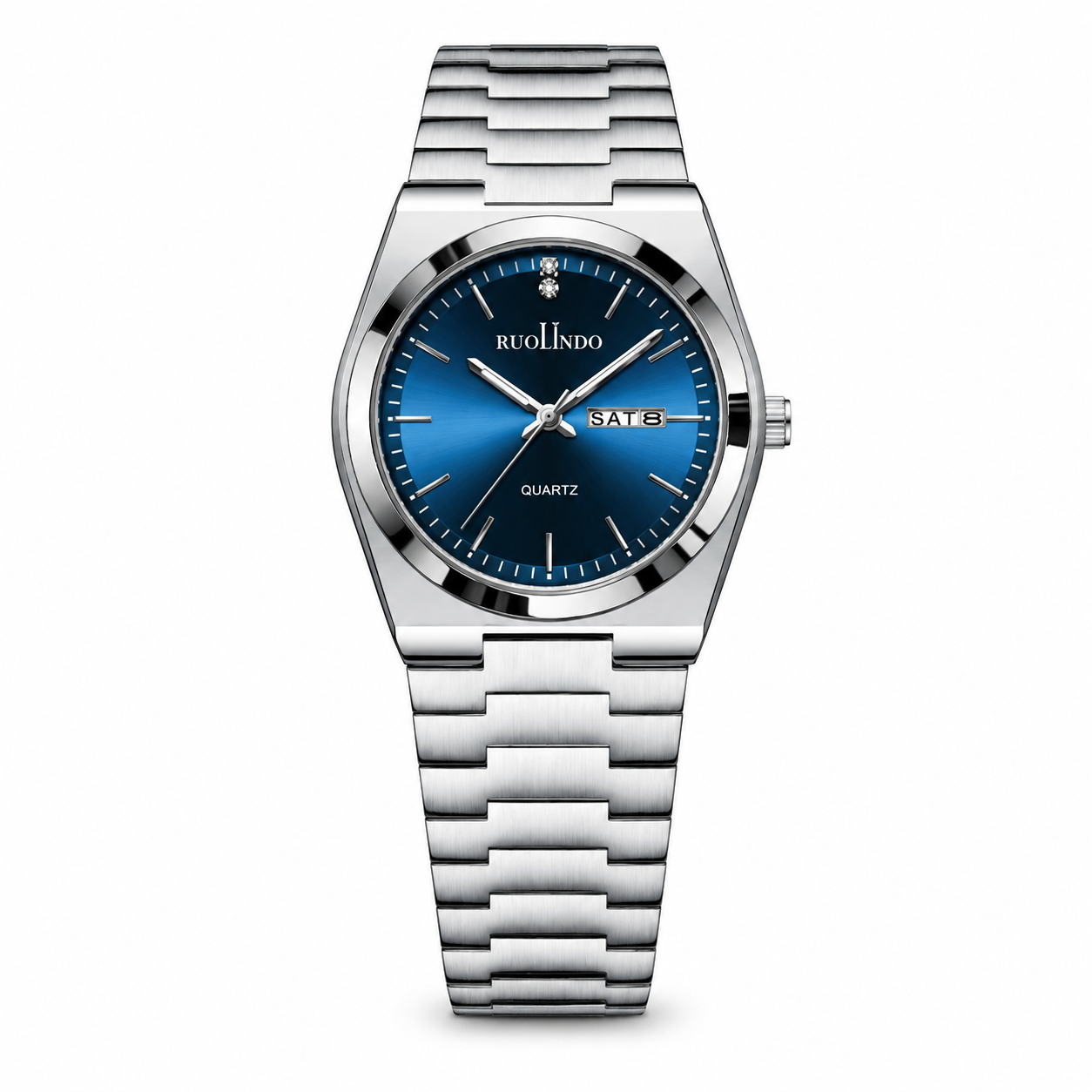 Silver watch with blue dial on a white background