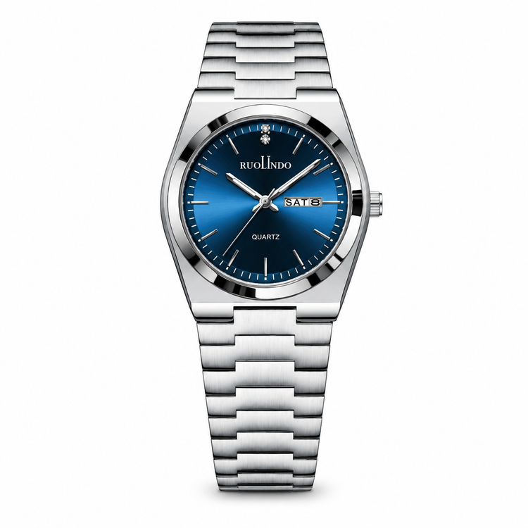 Silver watch with blue dial on a white background