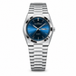 Silver watch with blue dial on a white background