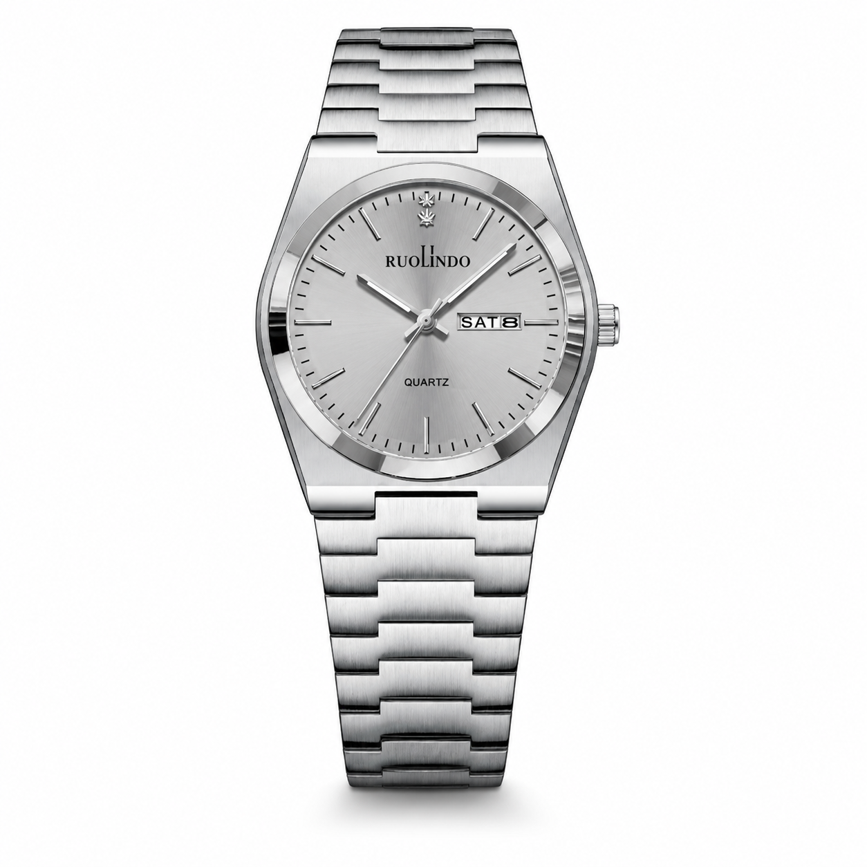 Silver watch with a white face on a white background