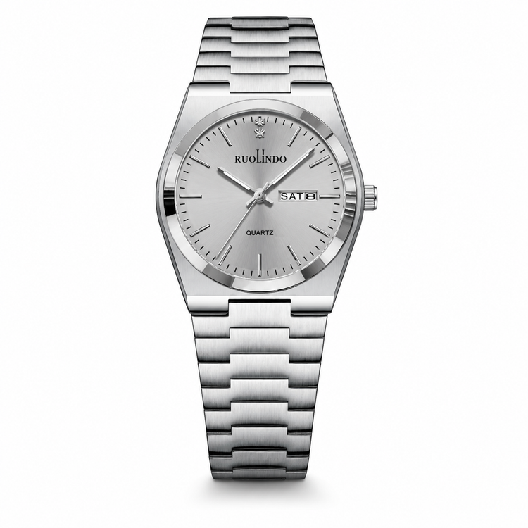 Silver watch with a white face on a white background