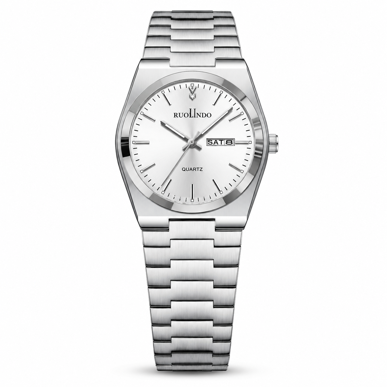 Silver watch with a white face on a white background