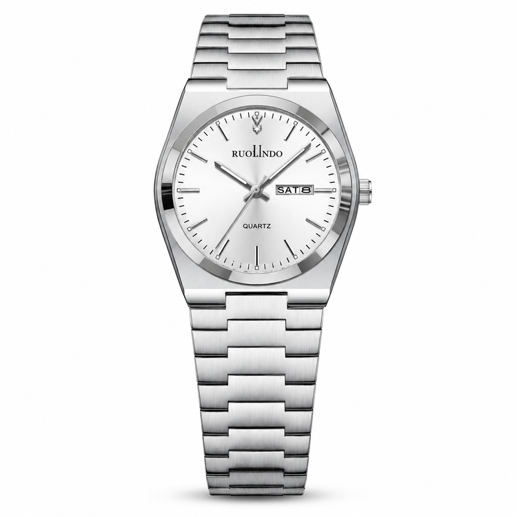 Silver watch with a white face on a white background