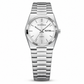 Silver watch with a white face on a white background