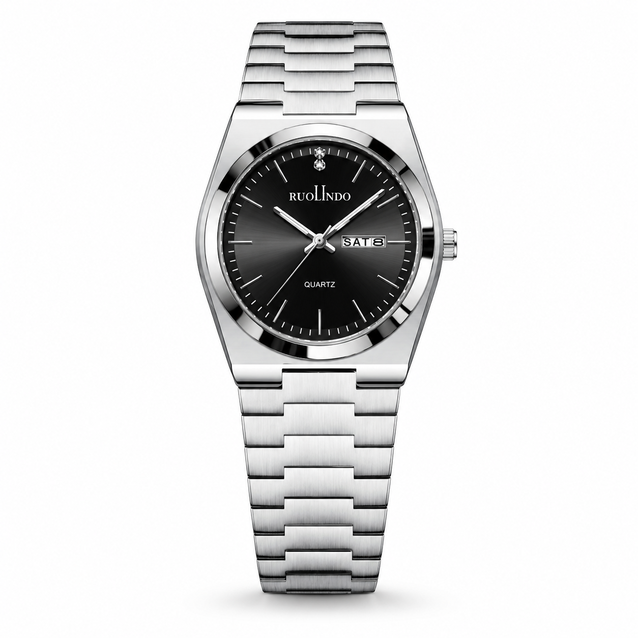 Silver watch with black dial on a white background
