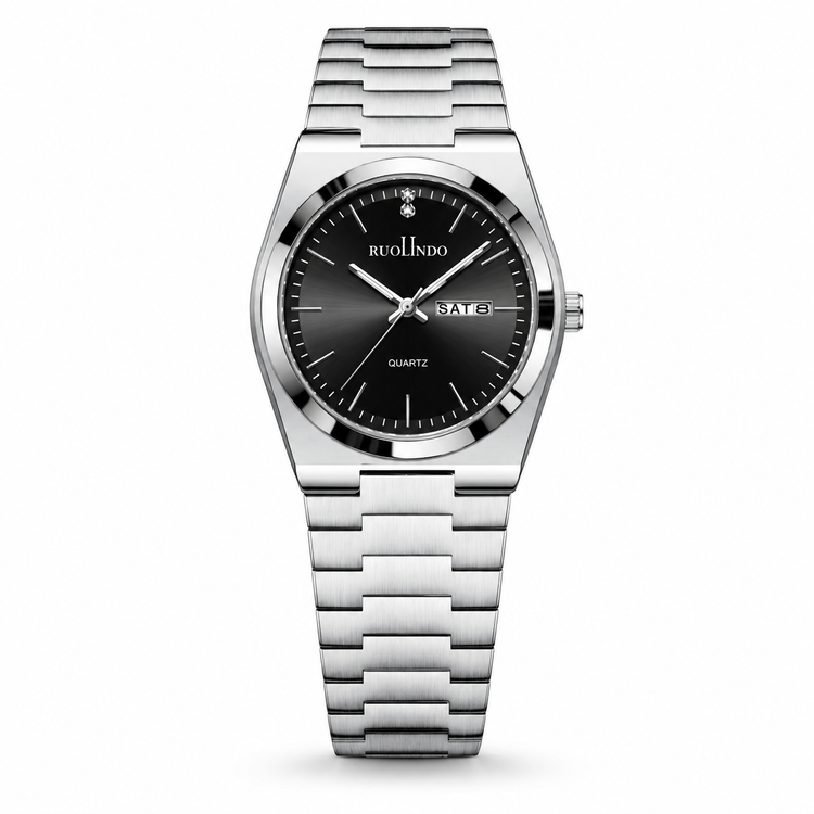Silver watch with black dial on a white background