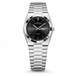 Silver watch with black dial on a white background