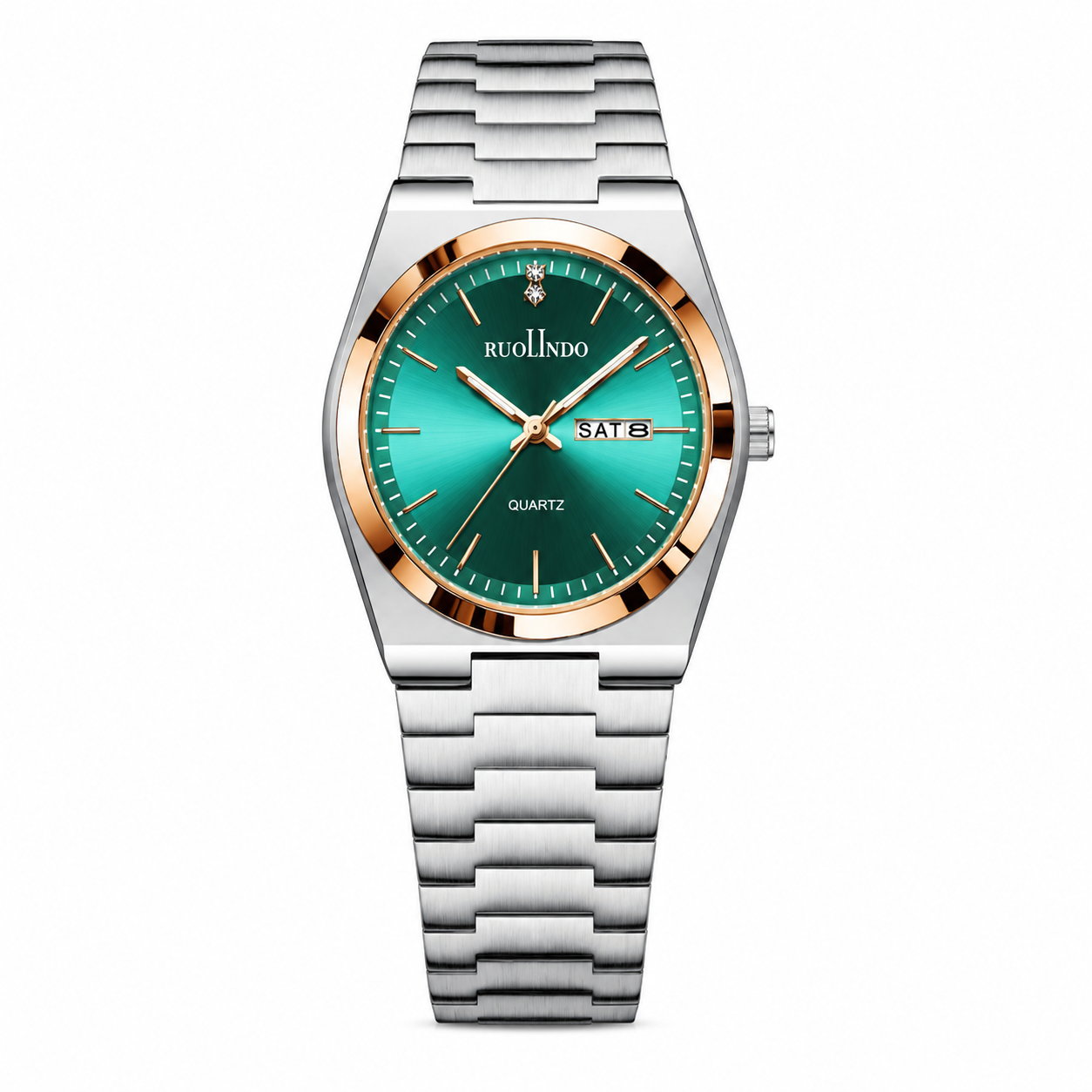 Watch with green dial and silver bracelet on a white background
