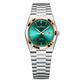 Watch with green dial and silver bracelet on a white background