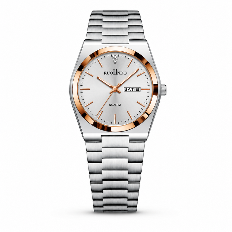Silver watch with rose gold accents on a white background