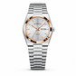 Silver watch with rose gold accents on a white background