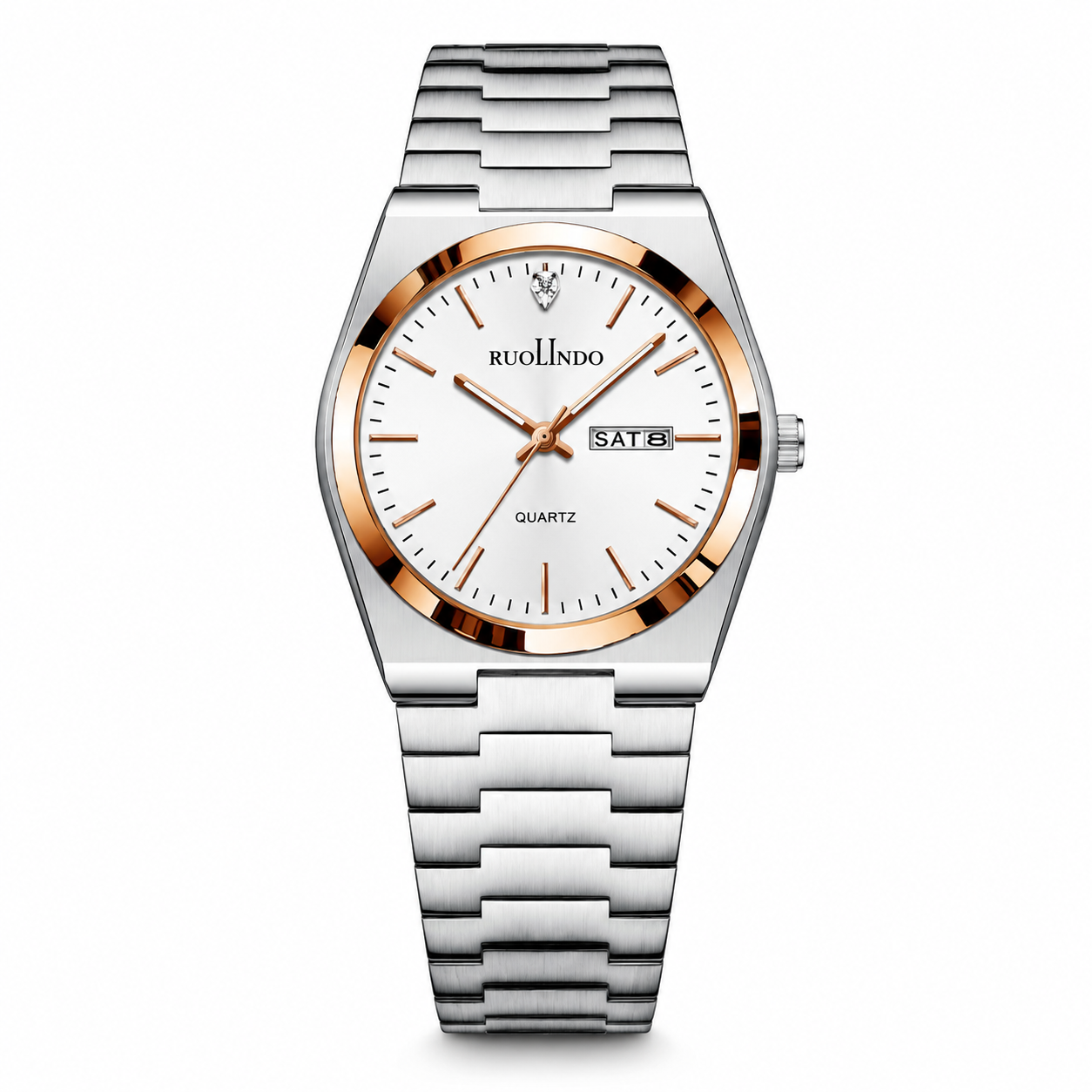 Silver watch with rose gold accents on a white background