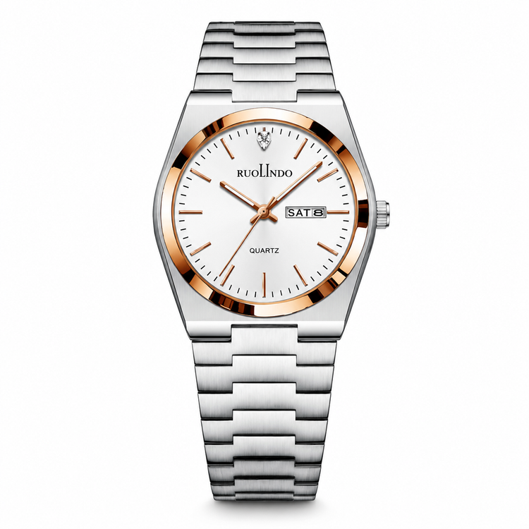 Silver watch with rose gold accents on a white background