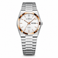 Silver watch with rose gold accents on a white background