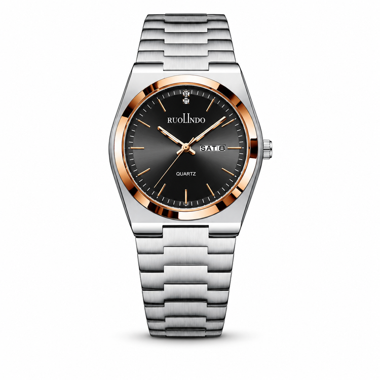 Silver watch with black face and rose gold accents on a white background