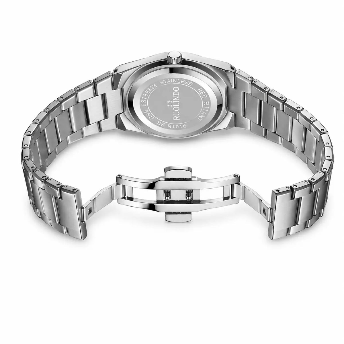Silver watch with metal band on a white background