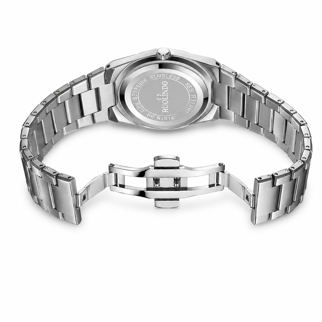 Silver watch with metal band on a white background