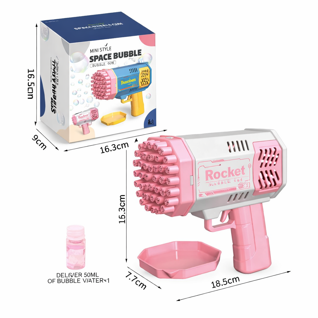 Mini pink bubble gun with dimensions and packaging on a white background