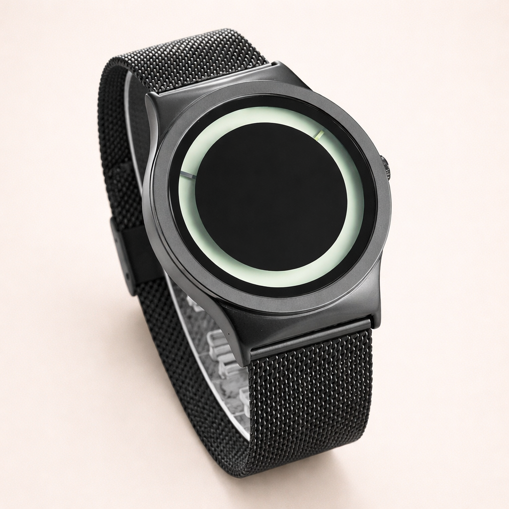 Modern black watch with a unique design on a light beige background