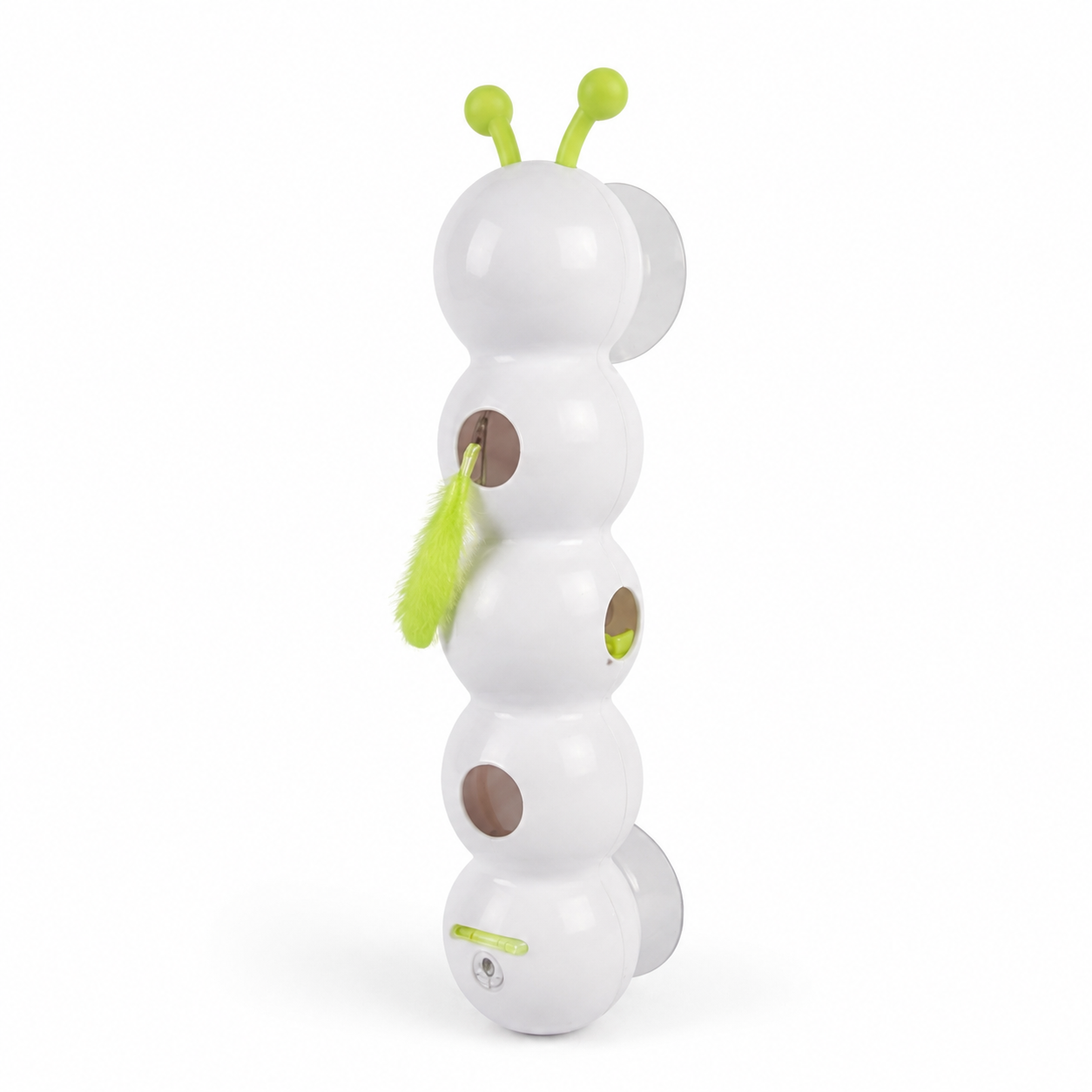 Toy caterpillar with white body, brown spots, and green antennae on a white background