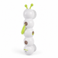 Toy caterpillar with white body, brown spots, and green antennae on a white background