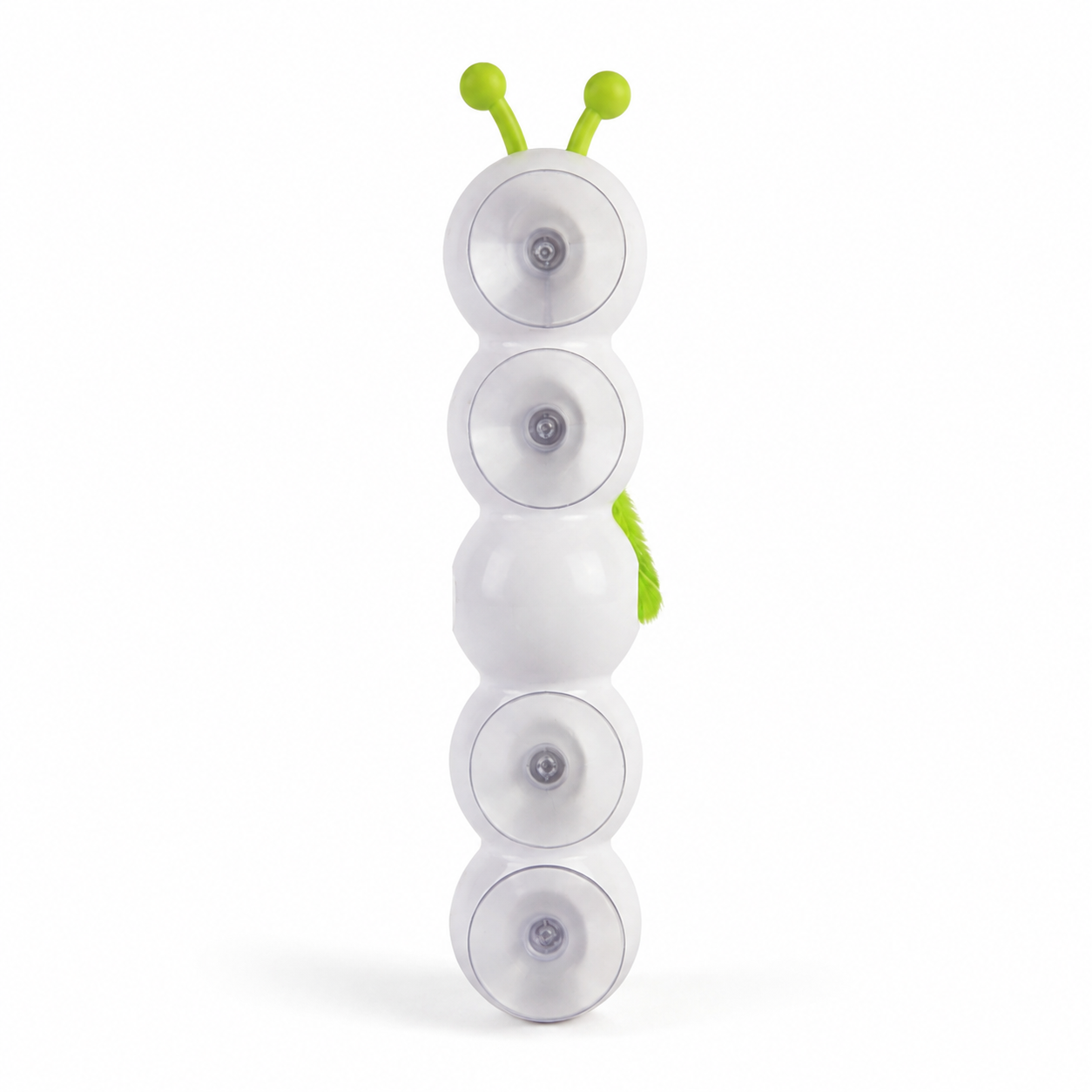 White electronic device shaped like a caterpillar with green accents on a white background