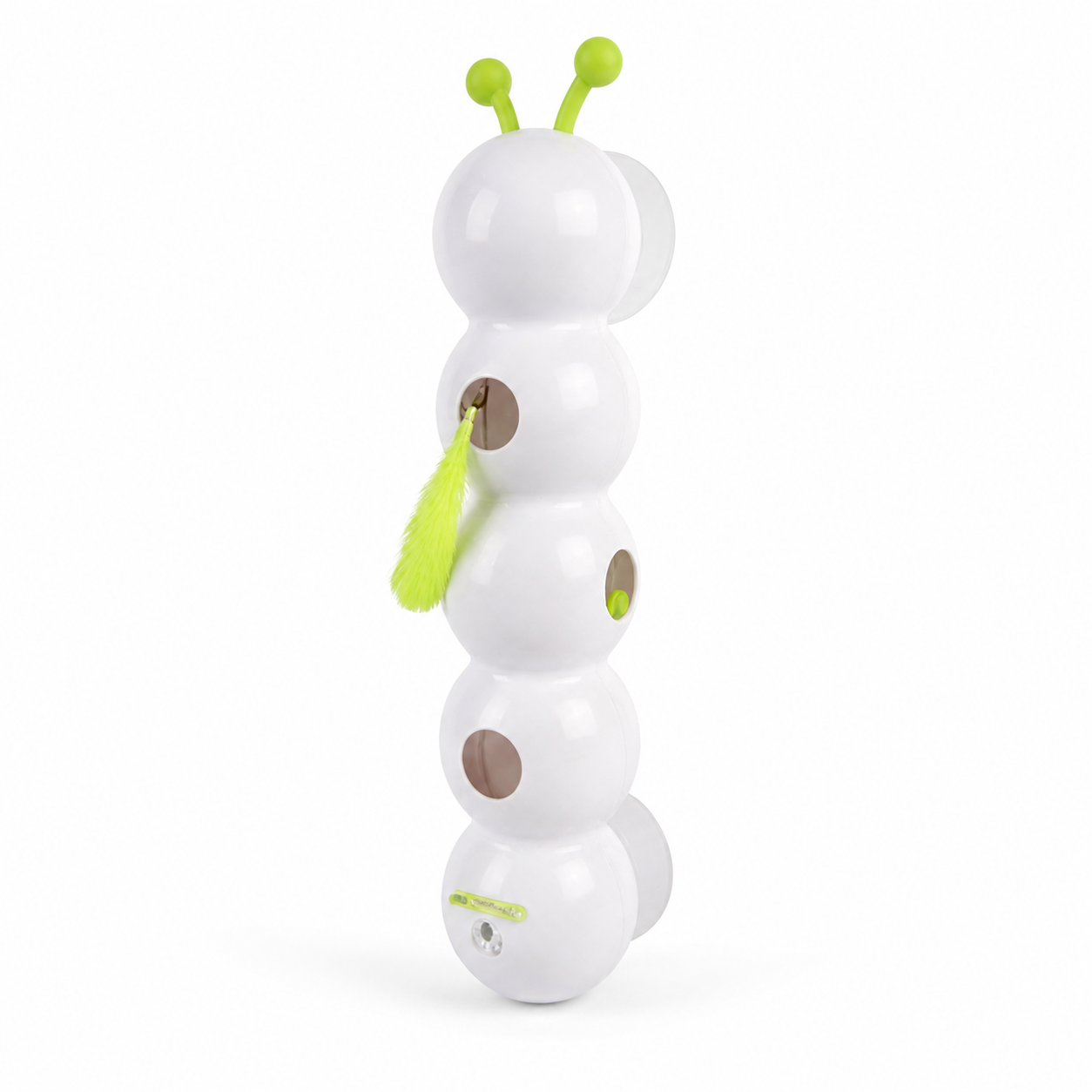 Toy resembling a caterpillar with white body, green antennas, and brown spots on a white background