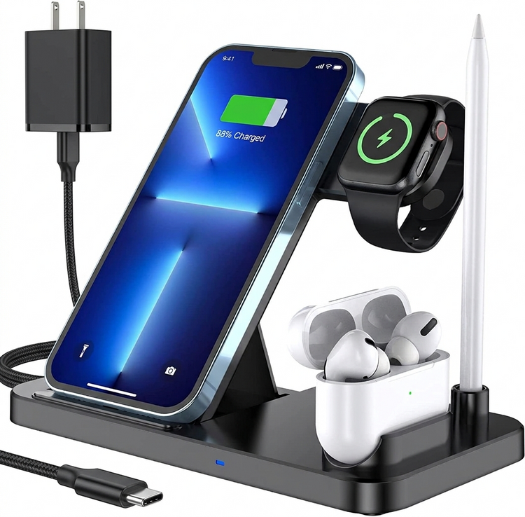 Multi-device charging station with smartphone, smartwatch, and earbuds on a white background
