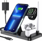 Multi-device charging station with smartphone, smartwatch, and earbuds on a white background