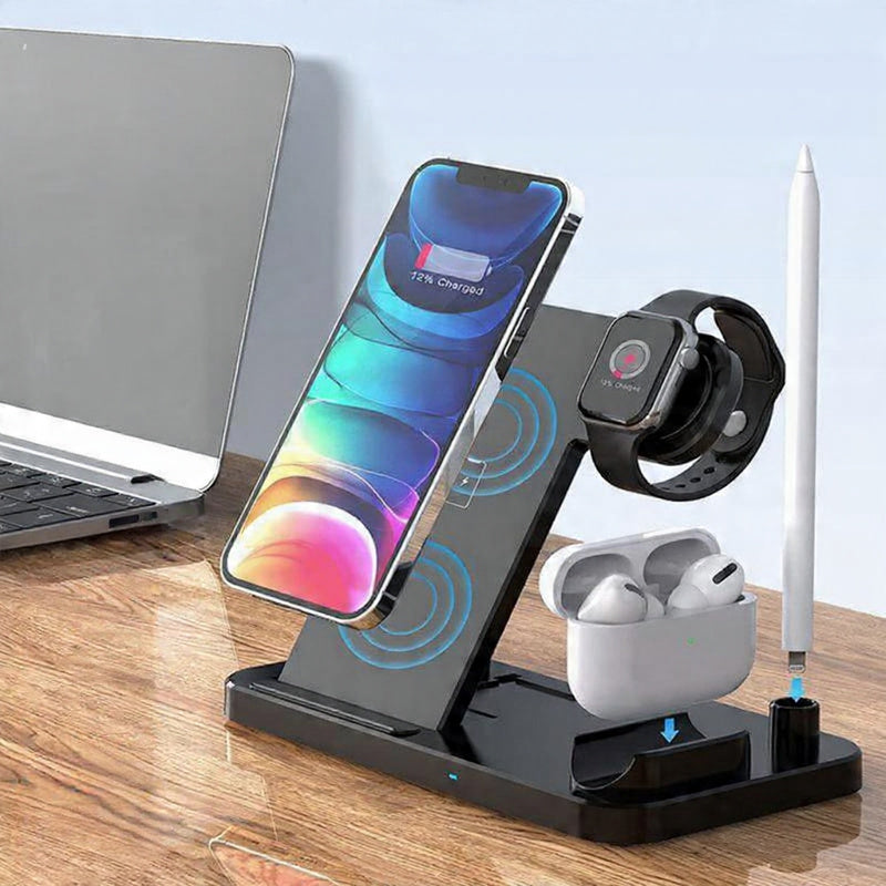 Multi-device wireless charging stand with smartphone, smartwatch, and earbuds on a desk.