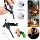 Multifunctional tool with fire starter, bottle opener, and other features on a white background.