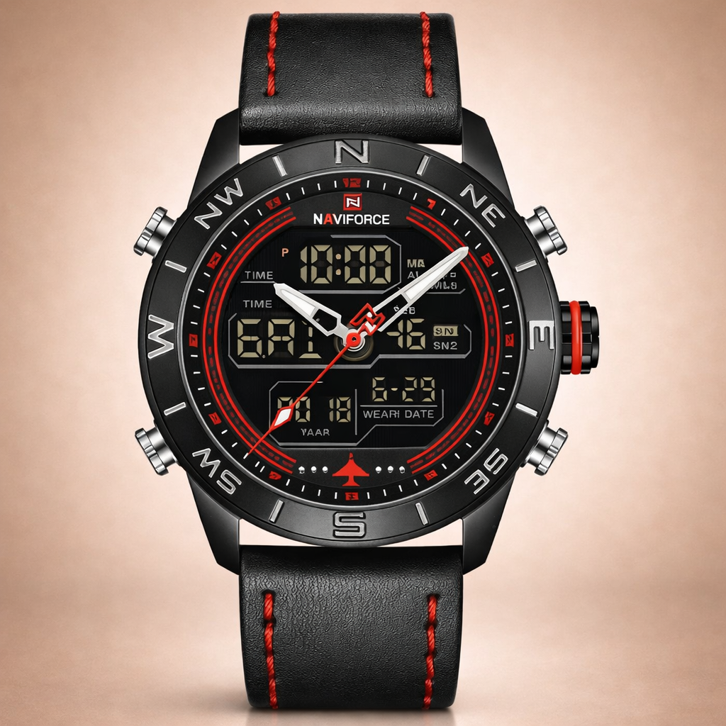 Naviforce watch with black leather strap and red stitching on a beige background